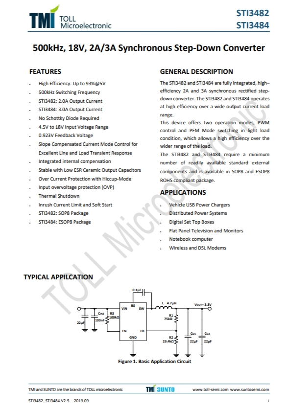 STI3482  500kHz、18V、2A/3A同步降壓型轉(zhuǎn)換器