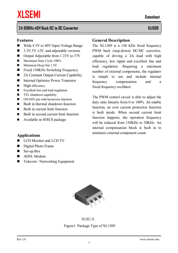 XL1509-12E1  2A 150KHz 40V 降壓 DC-DC 轉(zhuǎn)換器