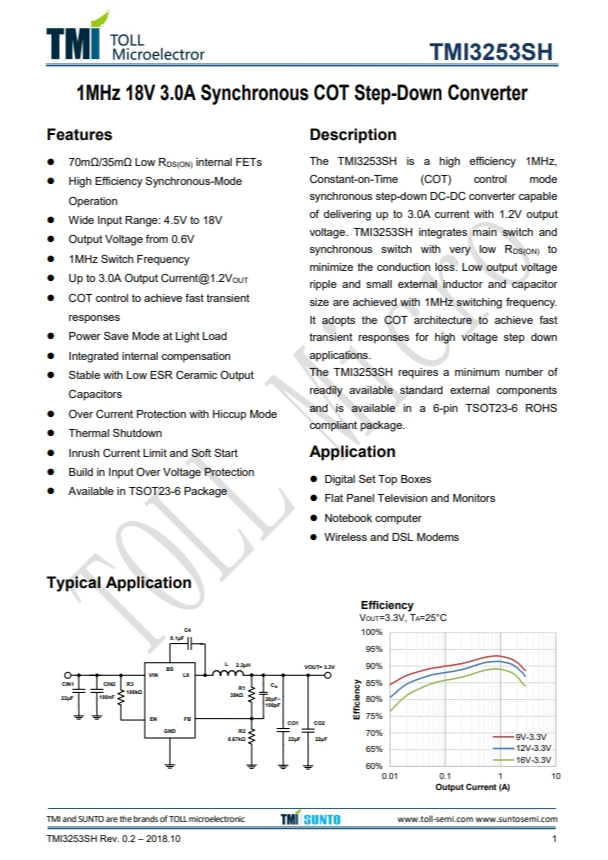 TMI3253SH  1MHz 18V 3.0A同步COT降壓型轉(zhuǎn)換器