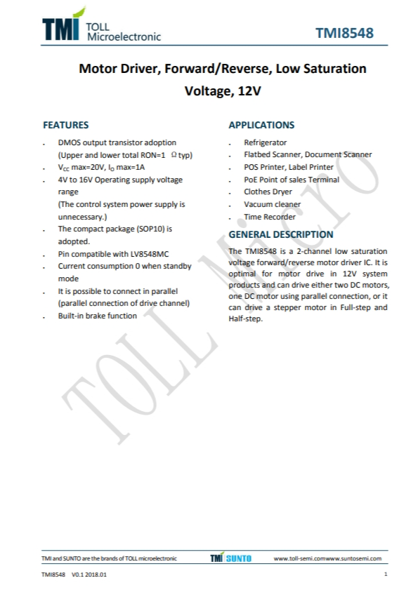 TMI8548  電機(jī)驅(qū)動(dòng)器，前進(jìn)/后退，低飽和度 電壓，12V