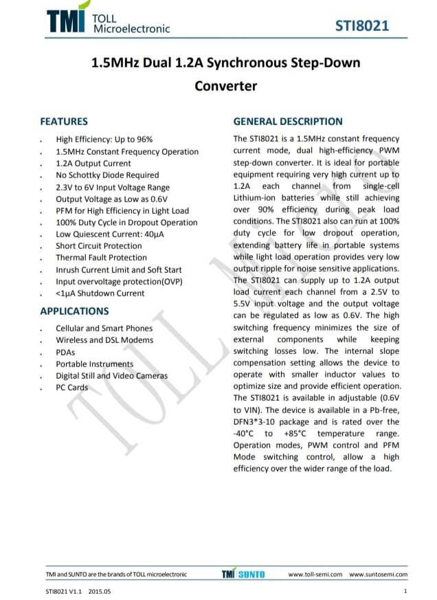 STI8021  1.5MHz、雙通道、1.2A同步降壓型 轉(zhuǎn)爐