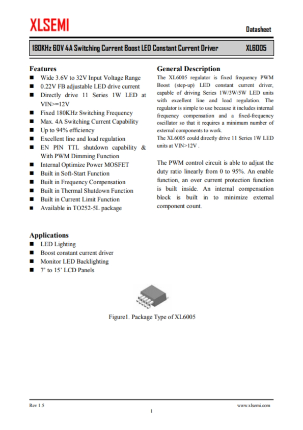XL6005E1  180KHz 60V 4A 開(kāi)關(guān)電流升壓 LED 恒流驅(qū)動(dòng)器