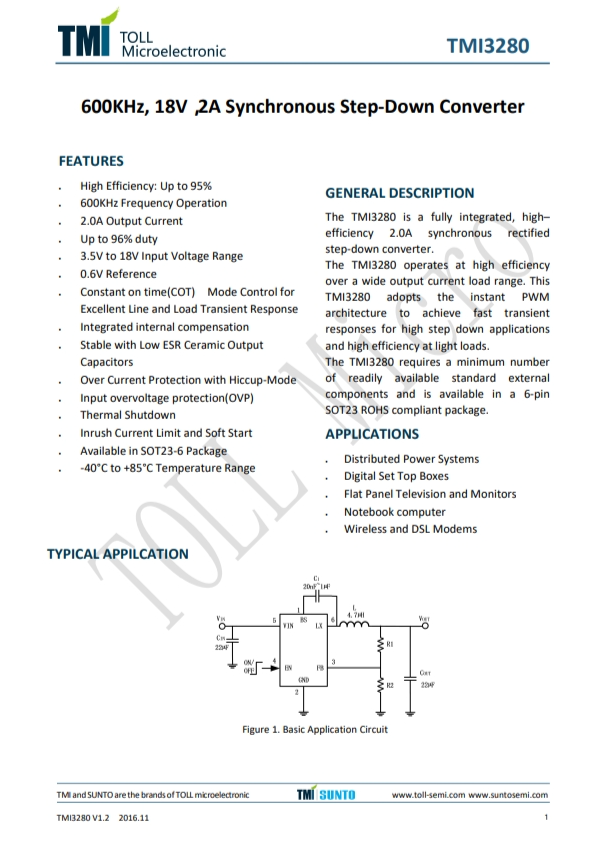 TMI3280  600KHz、18V、2A同步降壓控制器