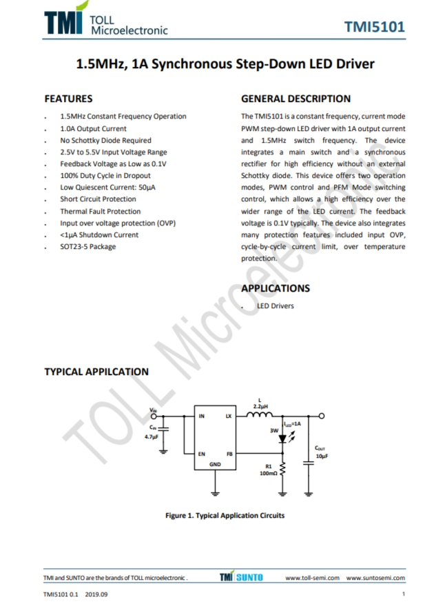 TMI5101  1.5MHz、1A同步降壓型LED驅(qū)動器