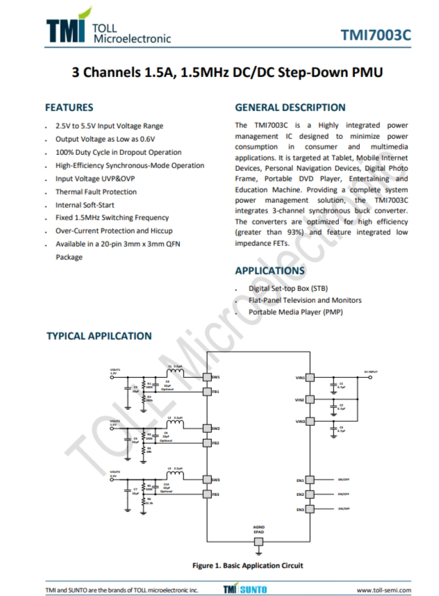 TMI7003C  3通道1.5A、1.5MHz DC/DC降壓型PMU