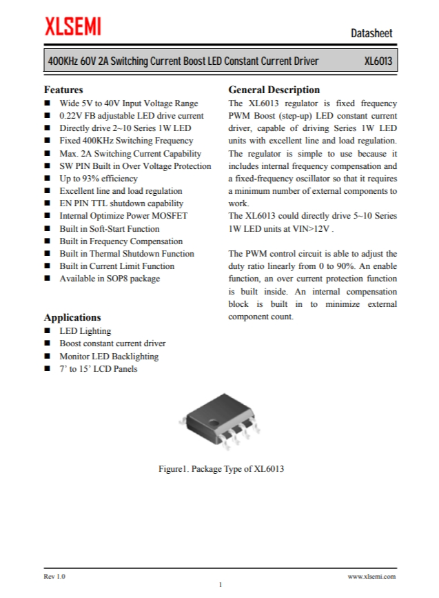 XL6013E1  400KHz 60V 2A 開關電流升壓 LED 恒流驅動器