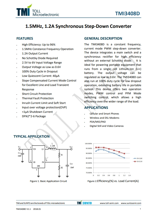 TMI3408D  1.5MHz、1.2A同步降壓型控制器