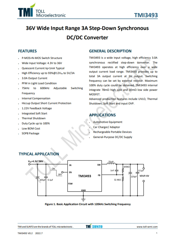 TMI3493  36V 寬輸入范圍 3A 降壓同步 DC/DC轉(zhuǎn)換器