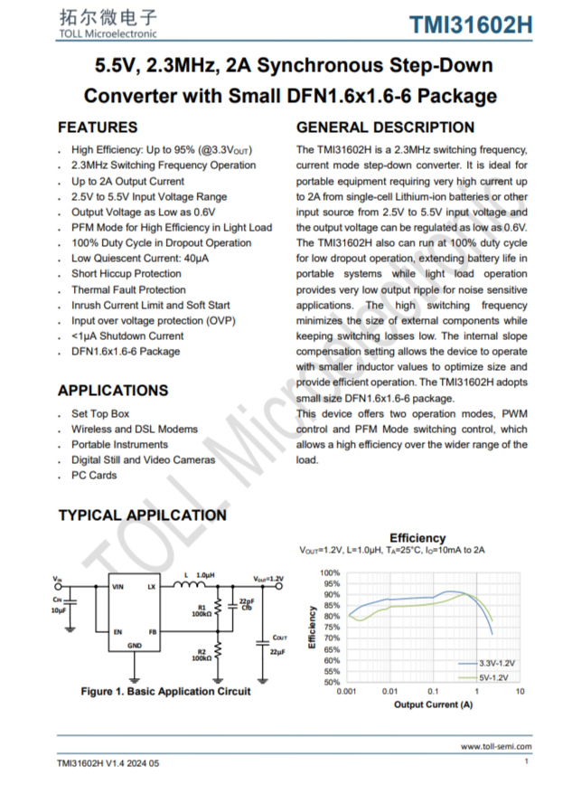 TMI31602H  5.5V、2.3MHz、2A同步降壓型 采用小型DFN1.6x1.6-6封裝的轉(zhuǎn)換器