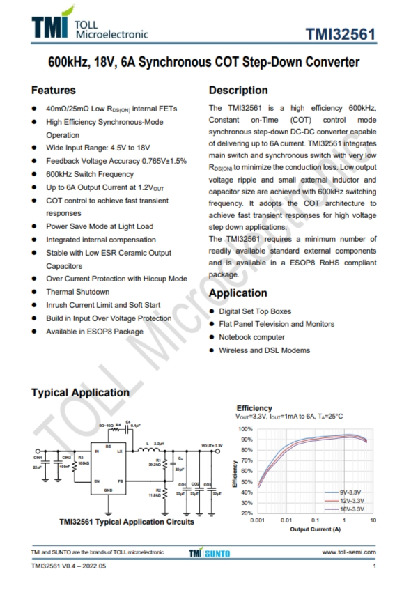 TMI32561  600kHz、18V、6A同步COT降壓型轉(zhuǎn)換器 